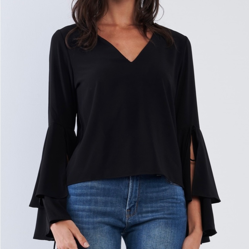 Jet Black V-Neck Long Bluebell Slit Draw String Tie